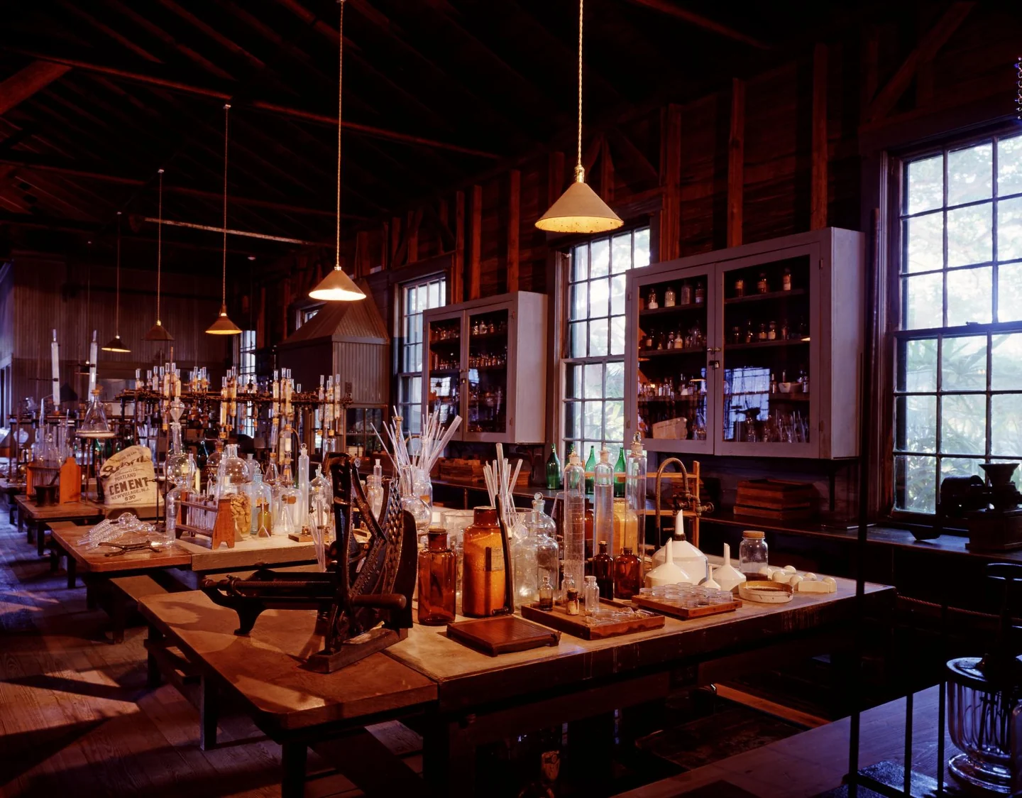 Interior of Thomas Edison’s historic Fort Myers laboratory with worktables and scientific glassware