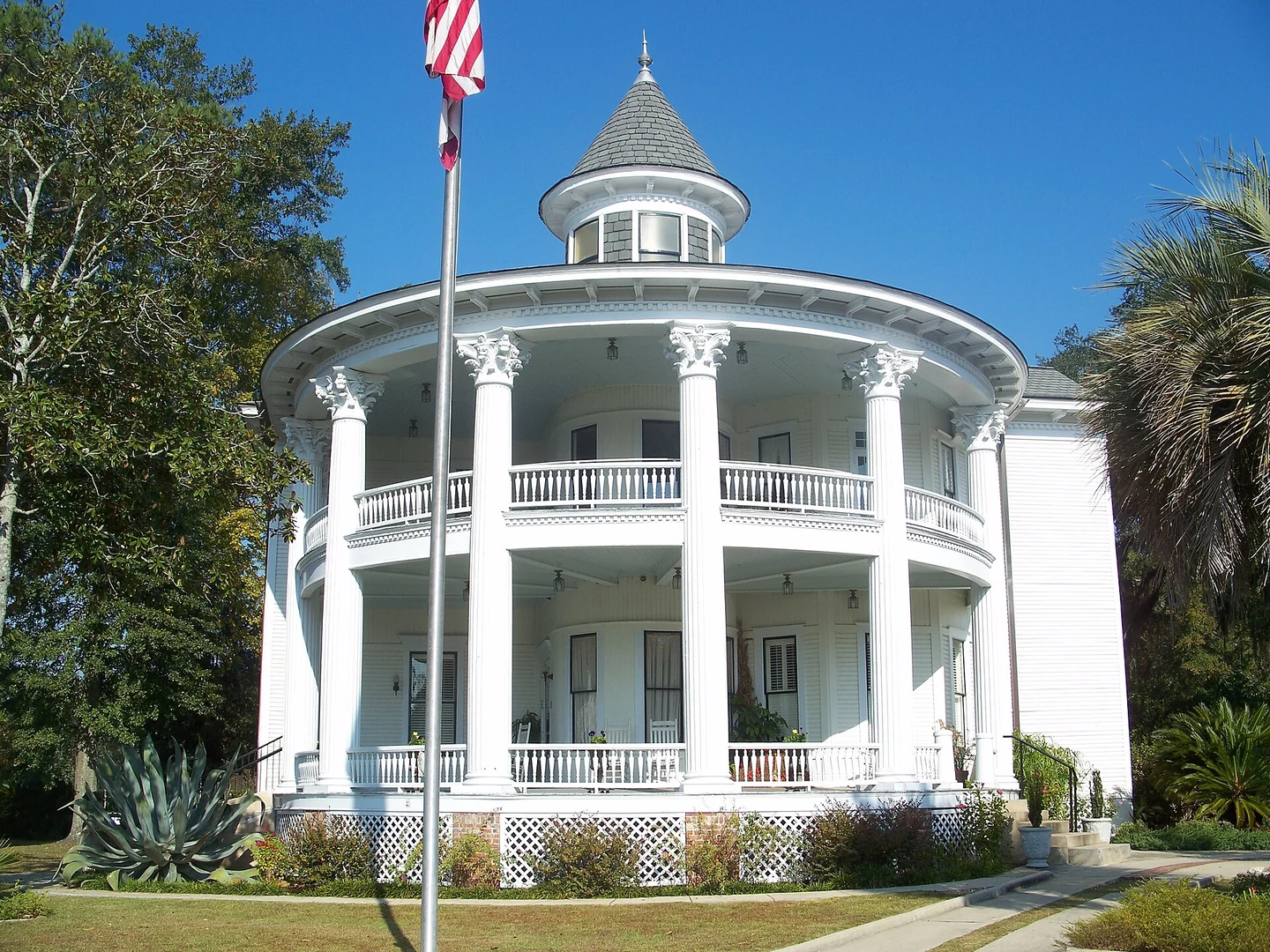 White columns and a rounded veranda at the historic Russ House in Marianna