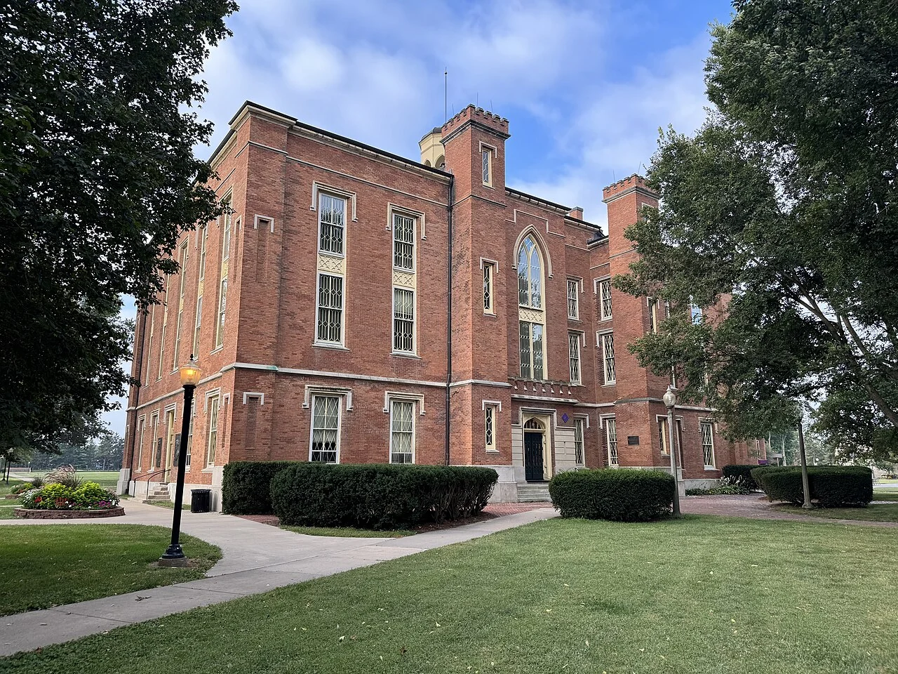 The red brick Gothic Revival exterior of Old Main at Knox College in Galesburg.