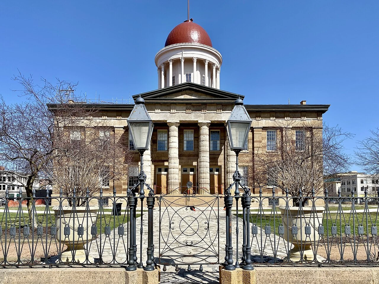The Old State Capitol’s columned entrance and red dome in Springfield.