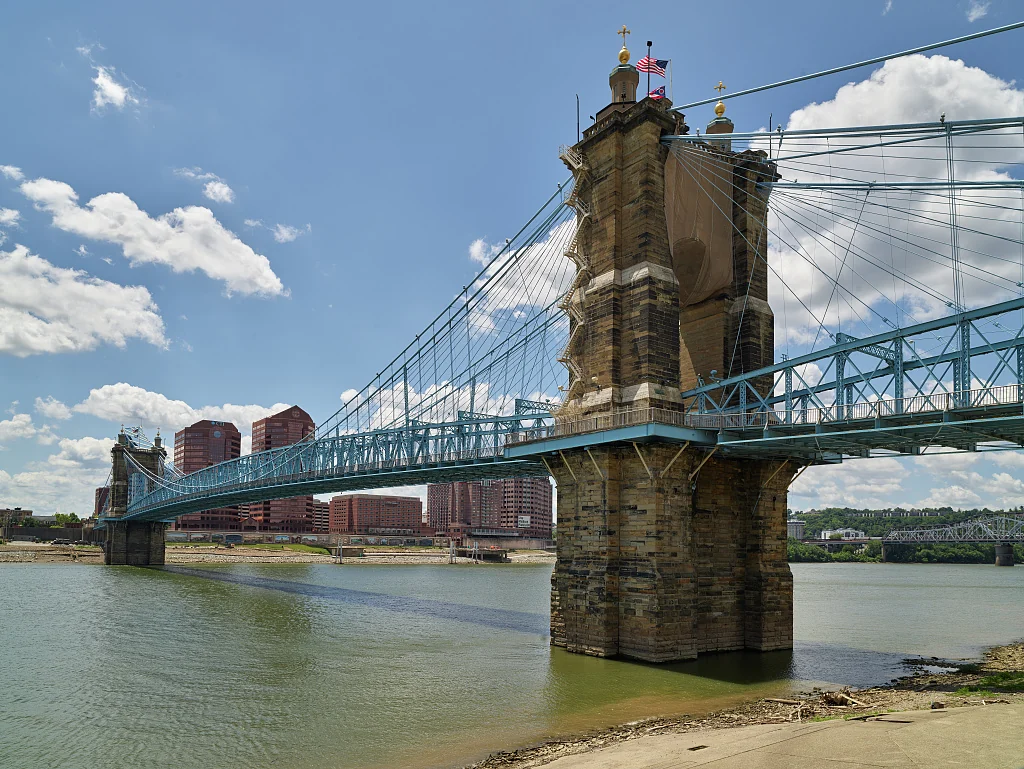 The Roebling Suspension Bridge over the Ohio River, with Covington in the distance.
