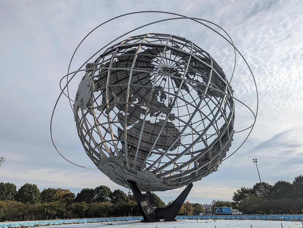 The steel globe and orbit rings of the Unisphere in Queens.