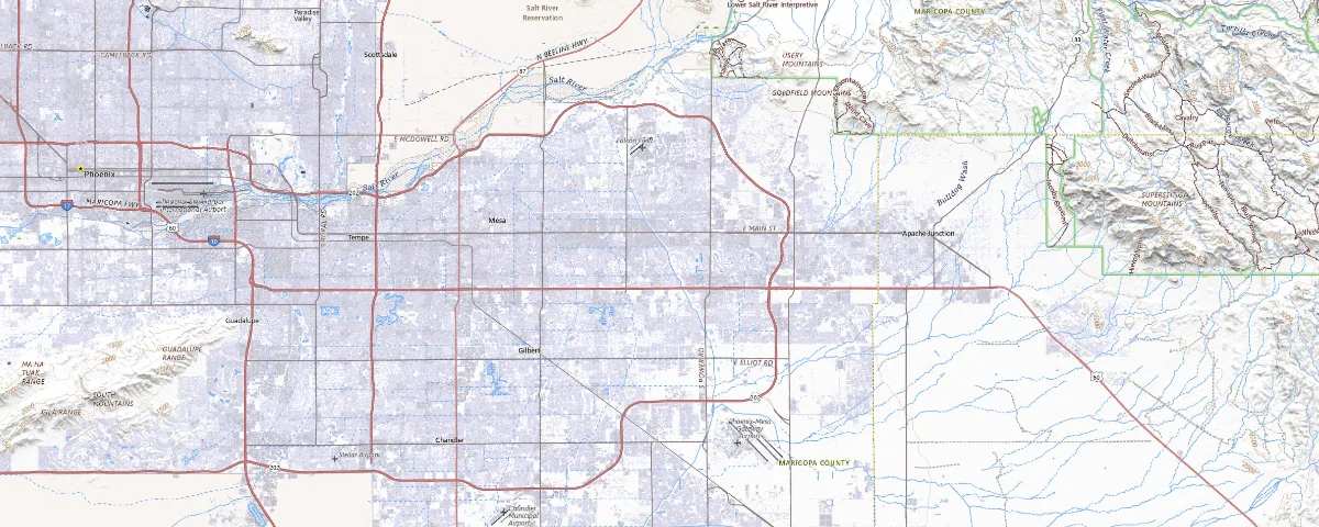 Map of the Mesa, Arizona area, showing local roads and geographic features