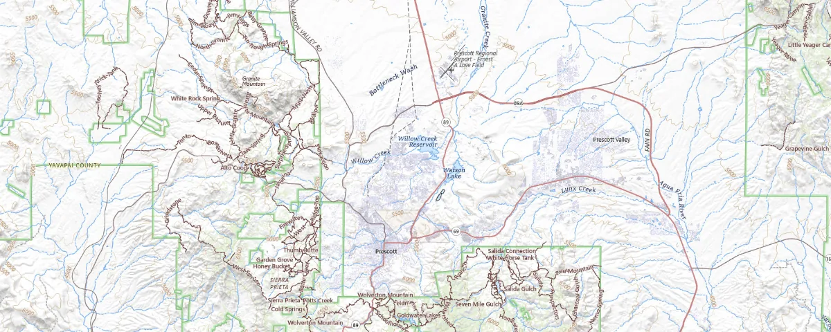 Map of the Prescott, Arizona area, showing local roads and geographic features