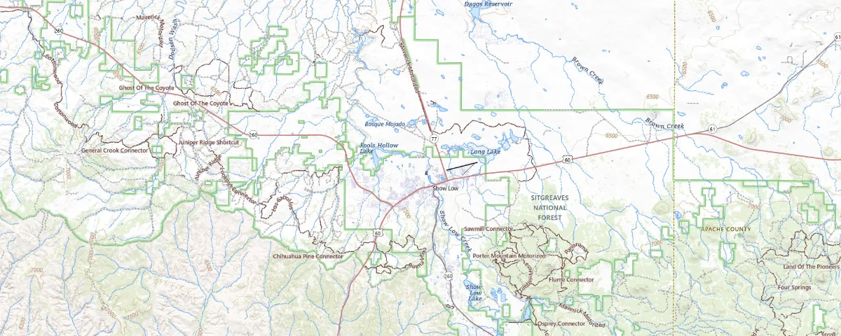 Map of the Show Low, Arizona area, showing local roads and geographic features