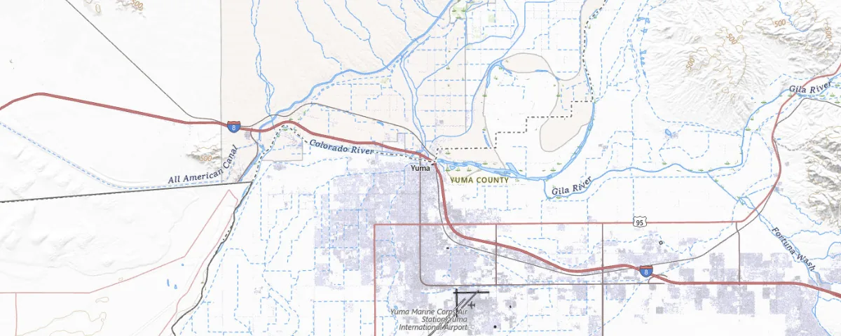 Map of the Yuma, Arizona area, showing local roads and geographic features