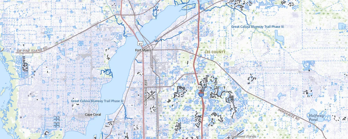 Map of the Fort Myers, Florida area, showing local roads and geographic features