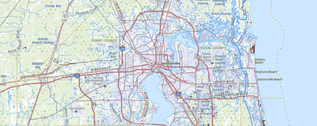 Map of the Jacksonville, Florida area, showing local roads and geographic features