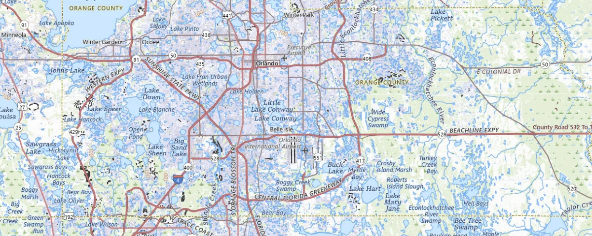 Map of the Orlando, Florida area, showing local roads and geographic features