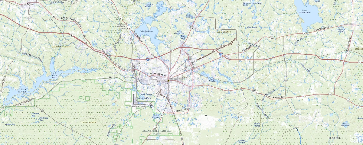 Map of the Tallahassee, Florida area, showing local roads and geographic features