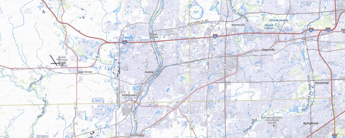 Map of the Aurora, Illinois area, showing local roads and geographic features