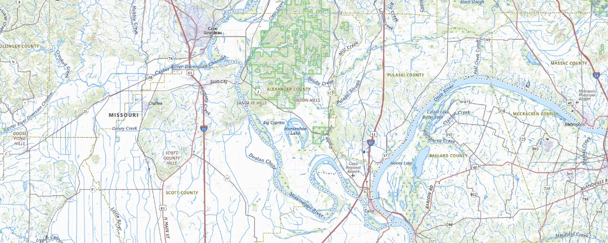 Map of the Cairo and Alexander County, Illinois area, showing local roads and geographic features