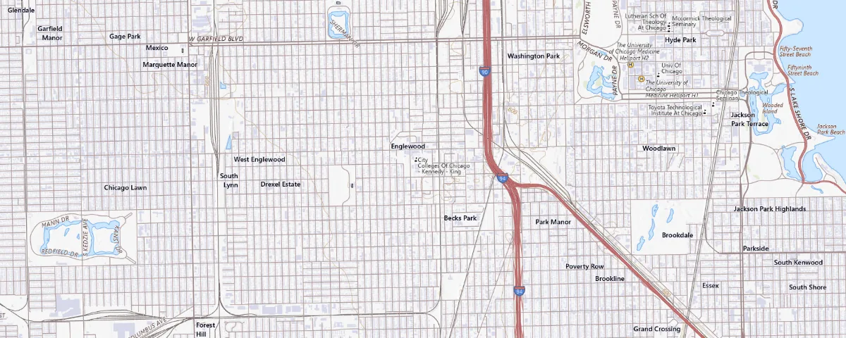 Map of the Englewood (Chicago), Illinois area, showing local roads and geographic features