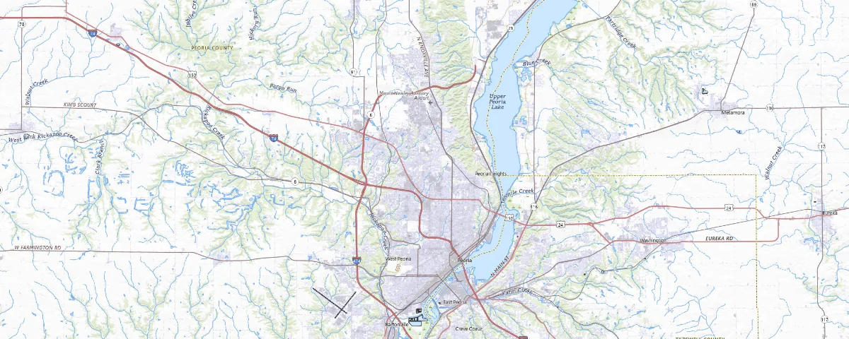 Map of the Peoria, Illinois area, showing local roads and geographic features