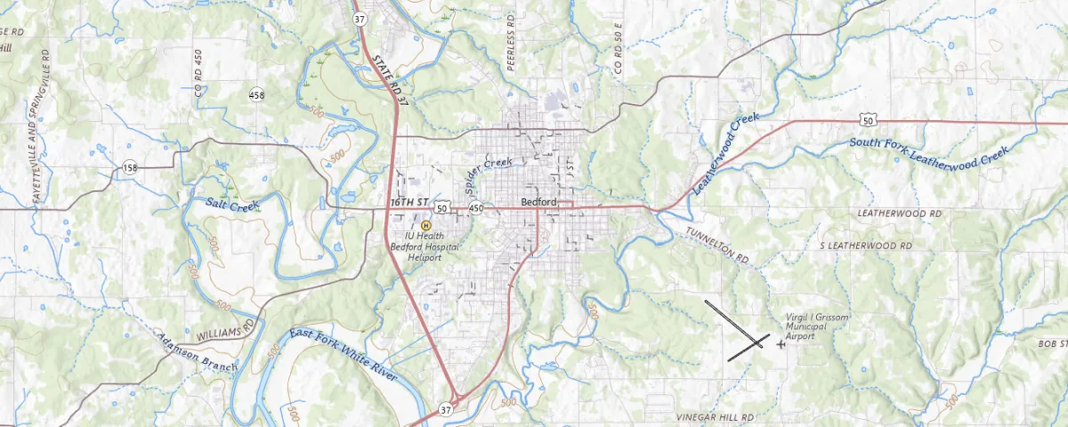 Map of the Bedford, Indiana area, showing local roads and geographic features