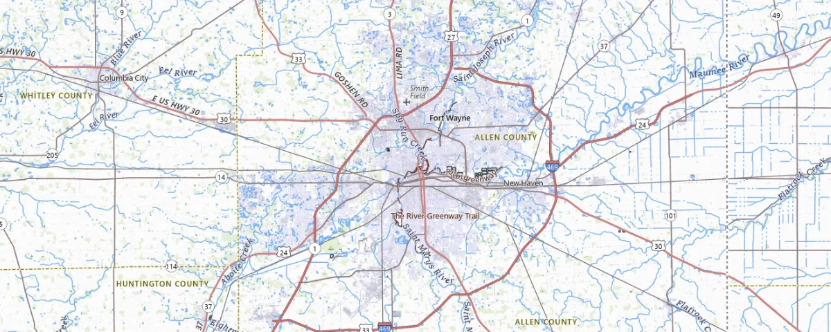 Map of the Fort Wayne, Indiana area, showing local roads and geographic features