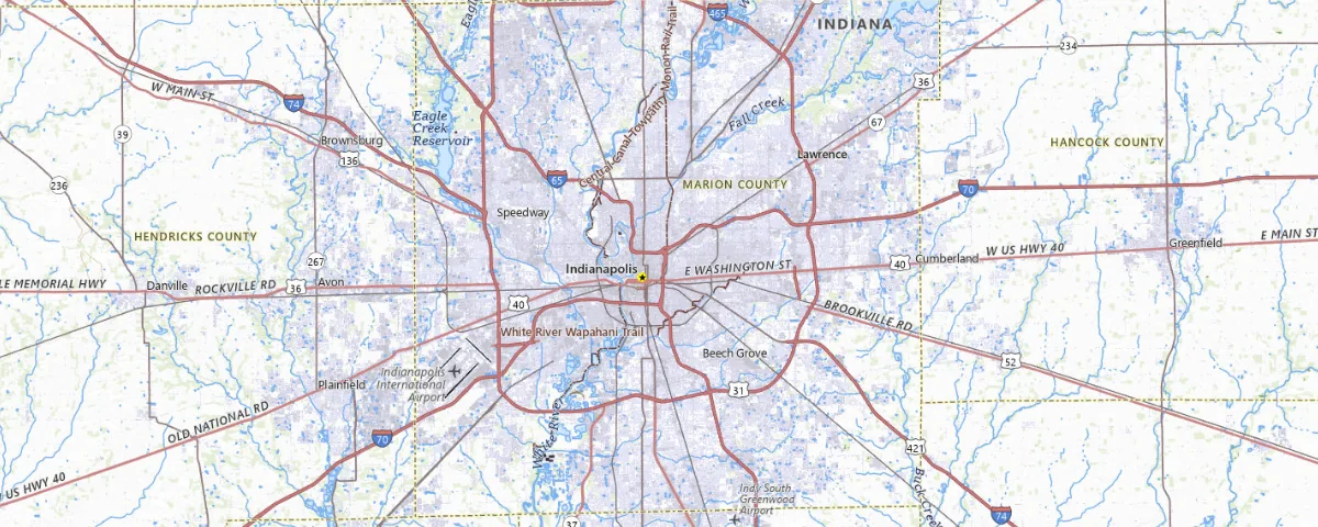 Map of the Indianapolis, Indiana area, showing local roads and geographic features