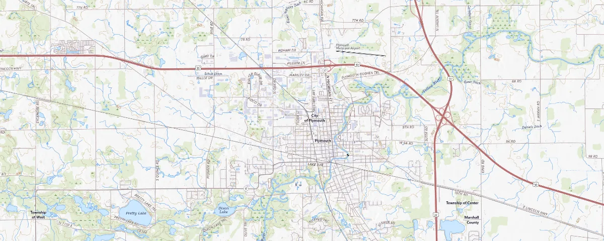 Map of the Plymouth, Indiana area, showing local roads and geographic features