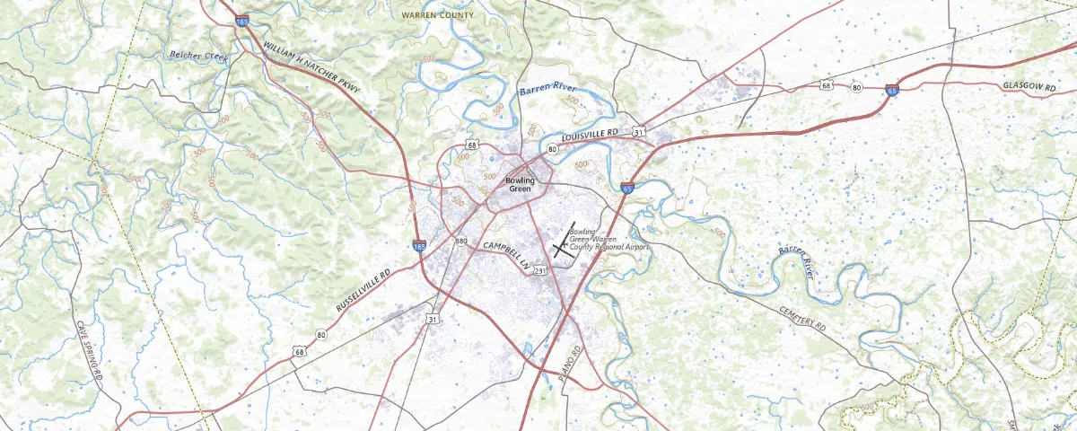 Map of the Bowling Green, Kentucky area, showing local roads and geographic features