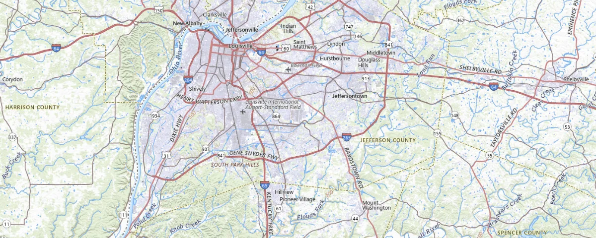 Map of the Louisville, Kentucky area, showing local roads and geographic features