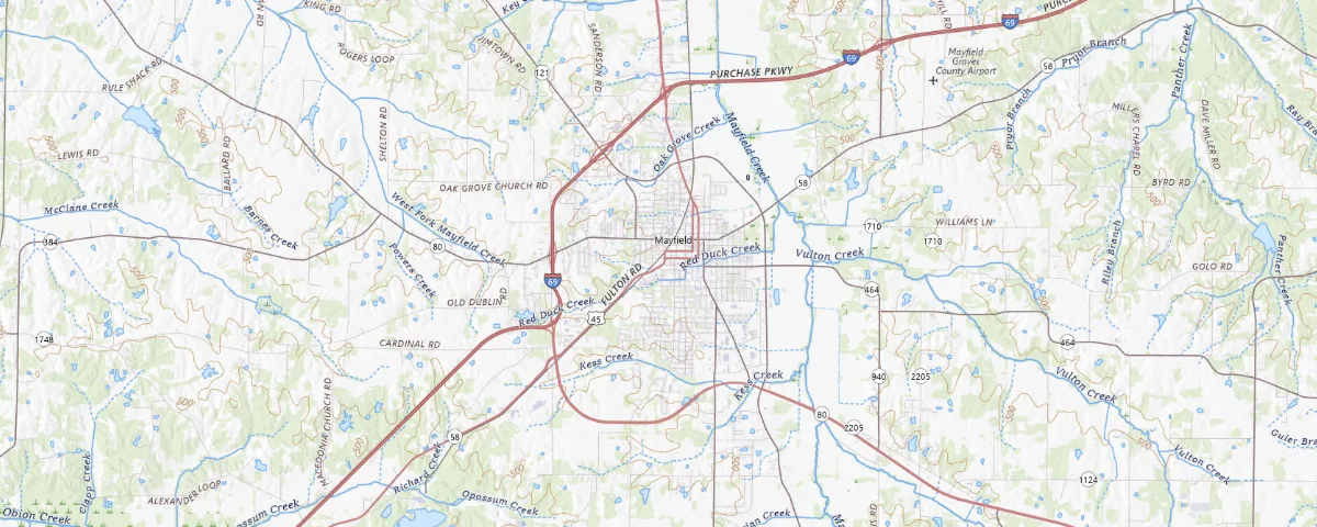 Map of the Mayfield, Kentucky area, showing local roads and geographic features