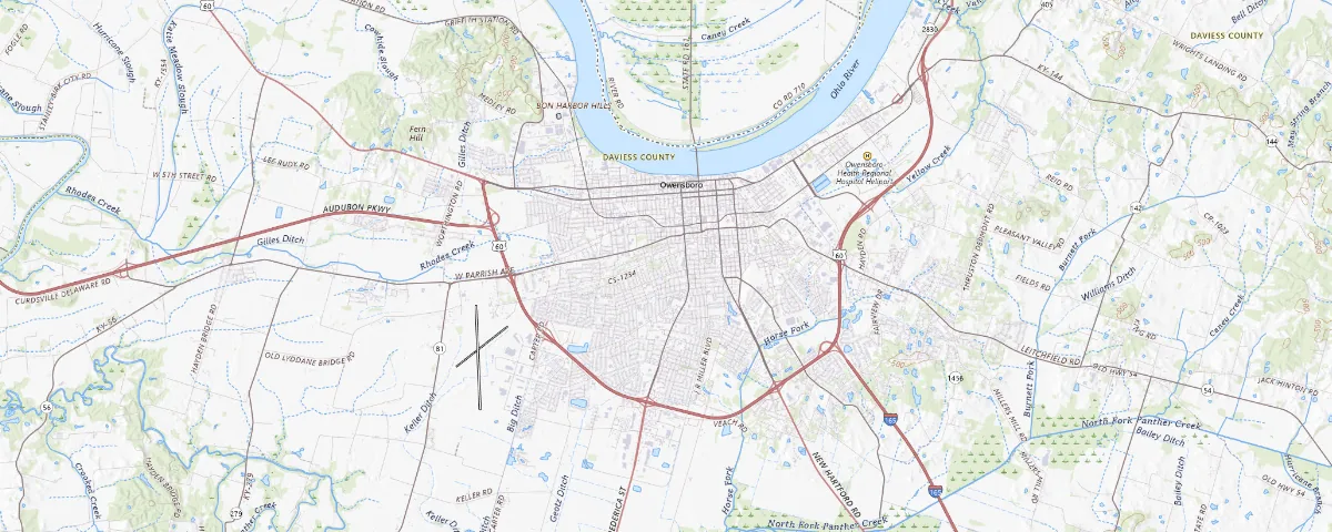 Map of the Owensboro, Kentucky area, showing local roads and geographic features