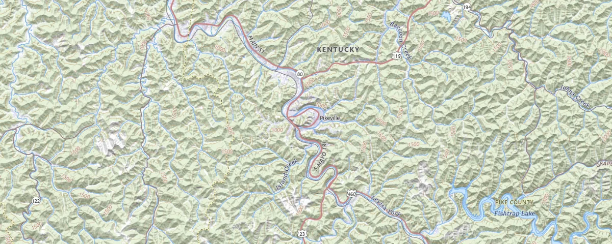 Map of the Pikeville, Kentucky area, showing local roads and geographic features