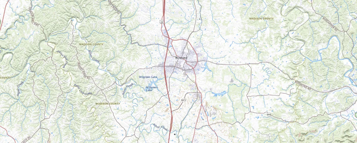 Map of the Richmond, Kentucky area, showing local roads and geographic features
