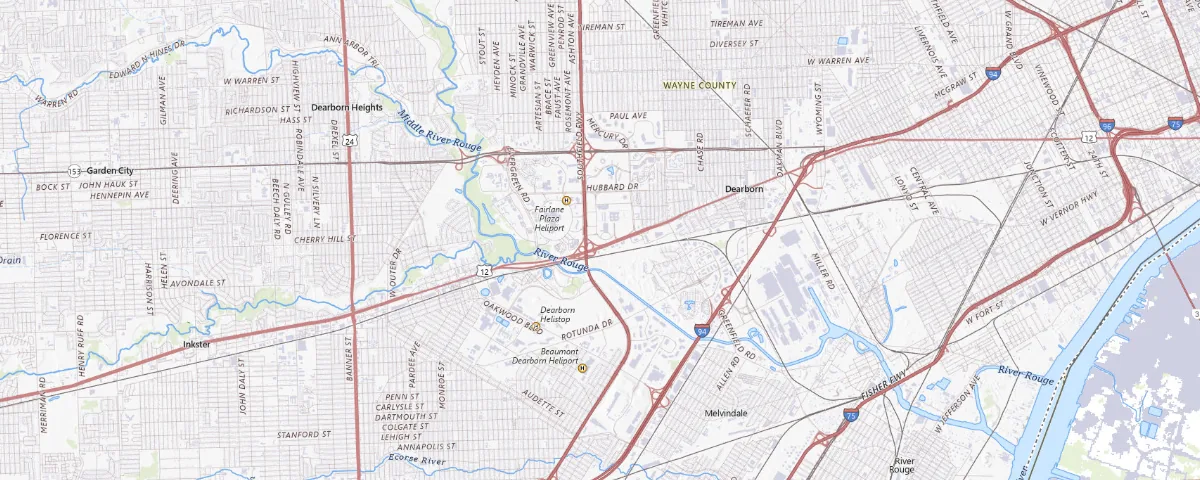 Map of the Dearborn, Michigan area, showing local roads and geographic features