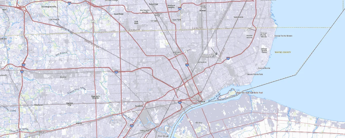 Map of the Detroit, Michigan area, showing local roads and geographic features
