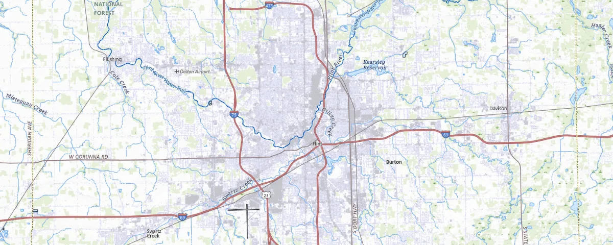Map of the Flint, Michigan area, showing local roads and geographic features