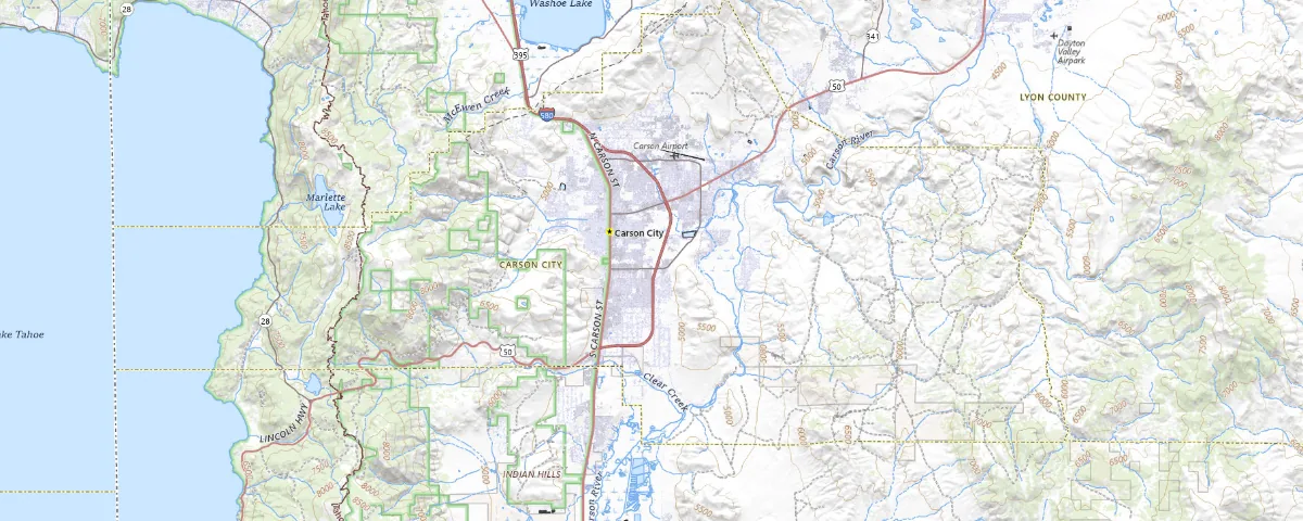 Map of the Carson City, Nevada area, showing local roads and geographic features