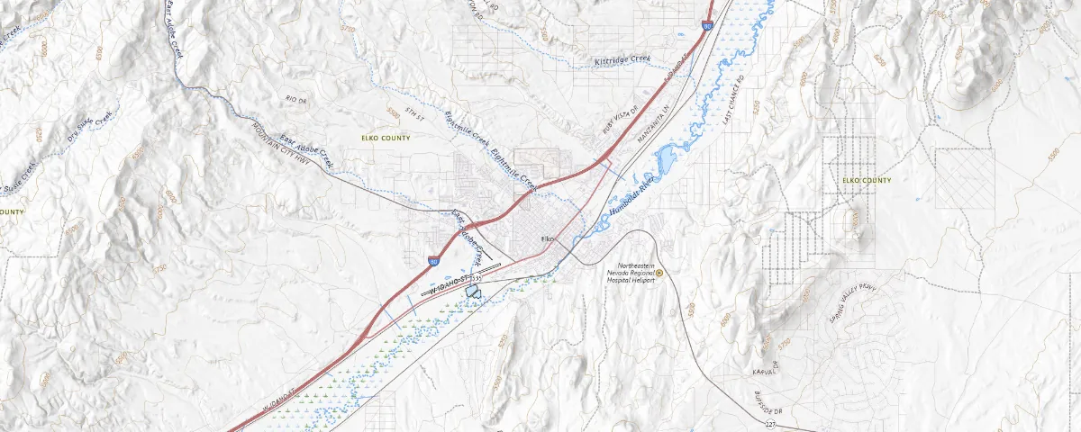 Map of the Elko, Nevada area, showing local roads and geographic features