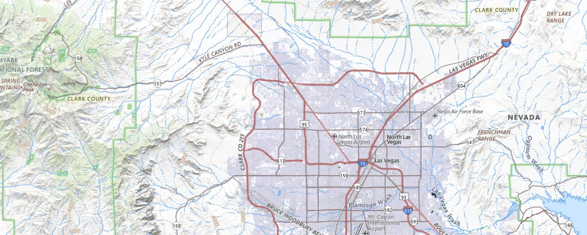 Map of the Las Vegas, Nevada area, showing local roads and geographic features