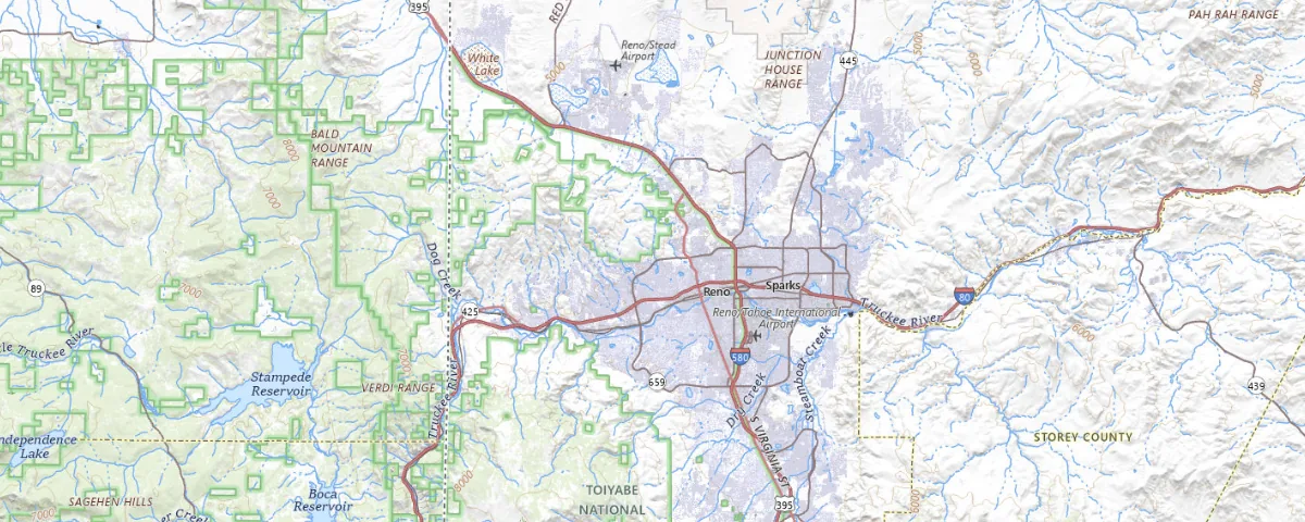 Map of the Reno, Nevada area, showing local roads and geographic features