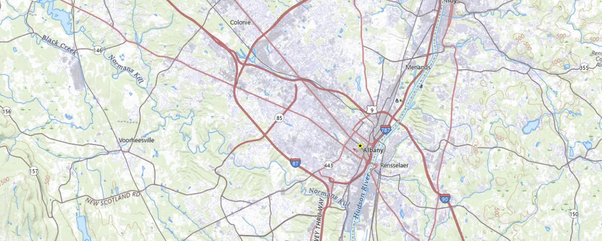 Map of the Albany, New York area, showing local roads and geographic features