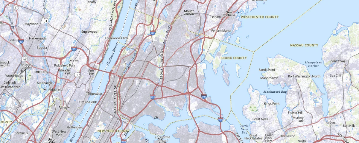 Map of the The Bronx, New York area, showing local roads and geographic features