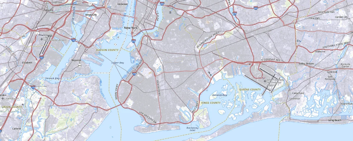 Map of the Brooklyn, New York area, showing local roads and geographic features