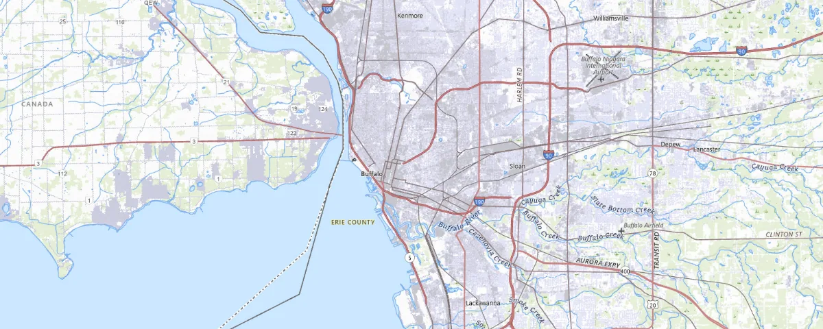 Map of the Buffalo, New York area, showing local roads and geographic features