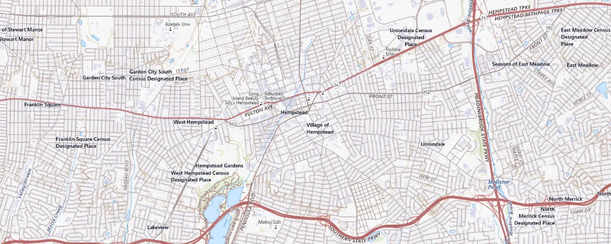 Map of the Hempstead, New York area, showing local roads and geographic features