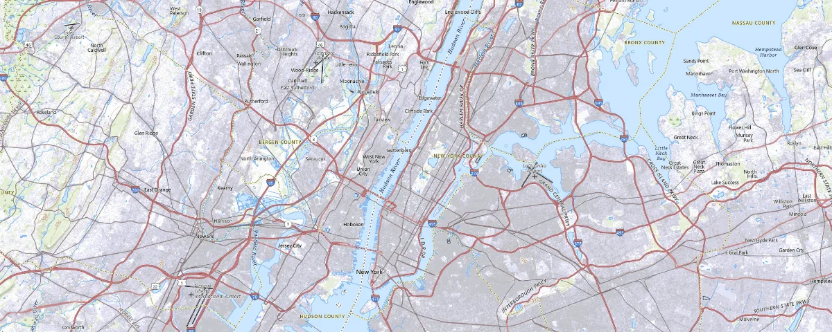 Map of the Manhattan, New York area, showing local roads and geographic features