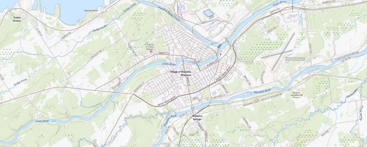 Map of the Massena, New York area, showing local roads and geographic features