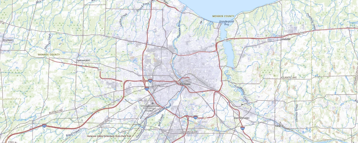 Map of the Rochester, New York area, showing local roads and geographic features