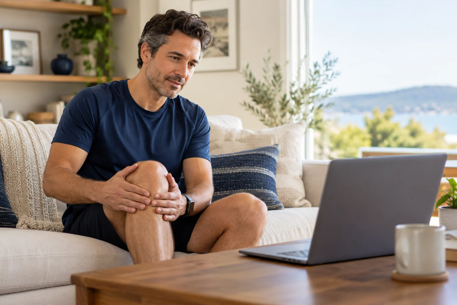 Illustration of a patient discussing knee discomfort by video