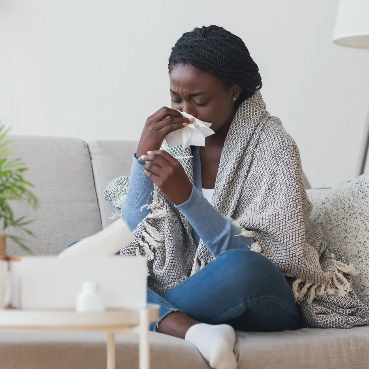 A person at home with cold symptoms