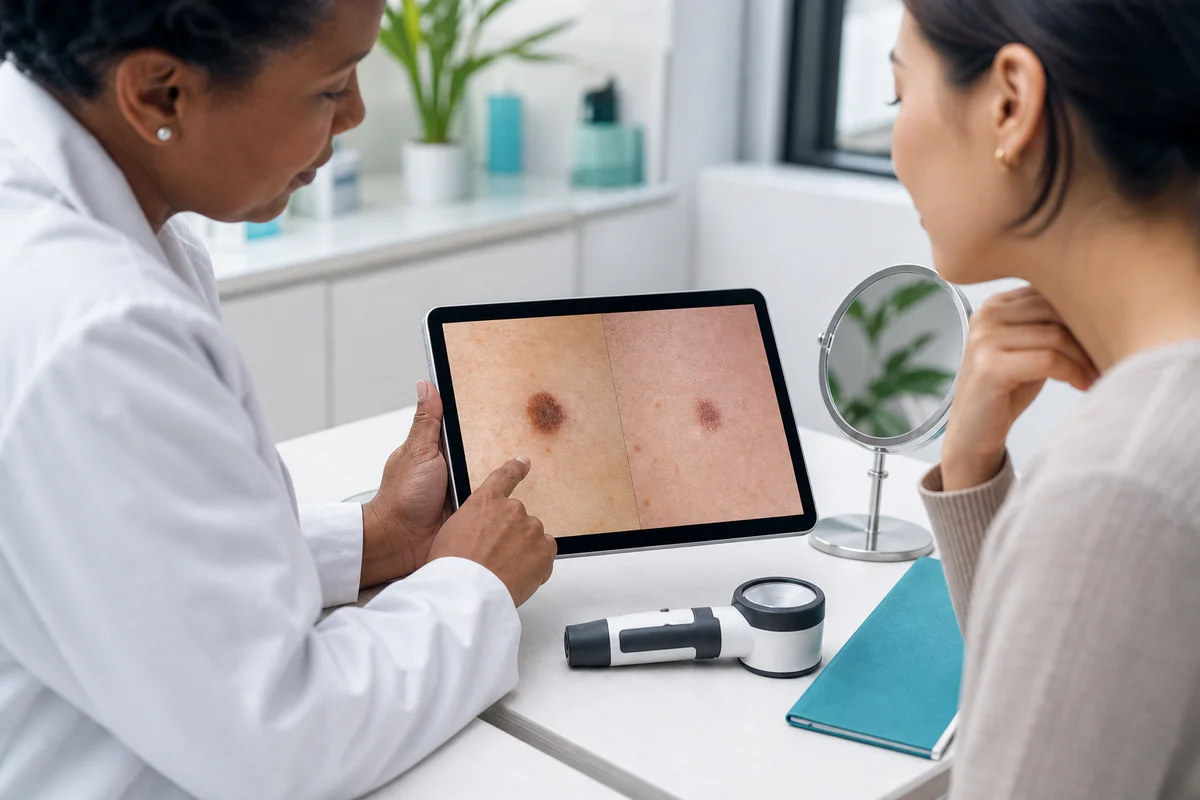 A clinician and patient reviewing skin images on a tablet